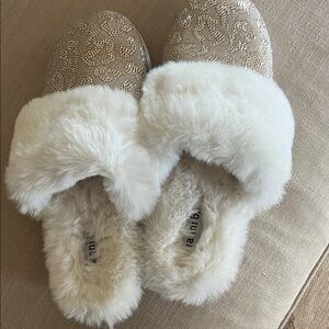 Fuzzy White and Tan Slippers